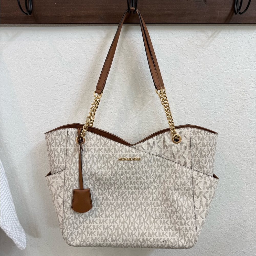 Michael Kors Beige Brown Monogram Tote with Gold Hardware